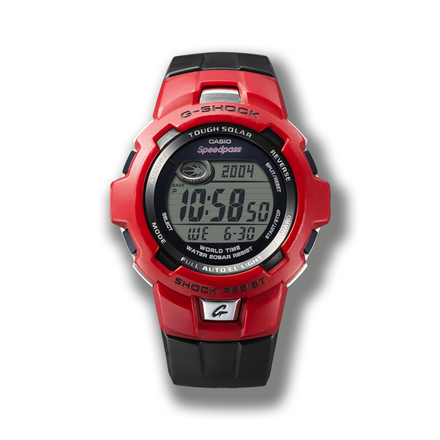 El reloj digital G-SHOCK GWS-900 con correa de resina negra y caja redonda roja.