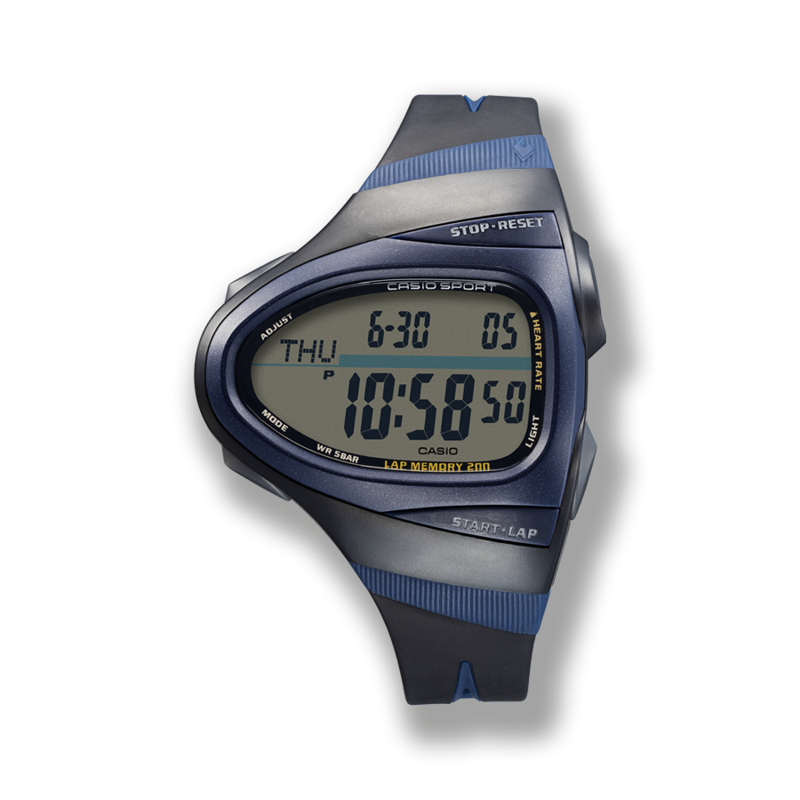 El reloj digital CHR-100 con caja rectangular asimétrica y correa de resina azul grisácea.