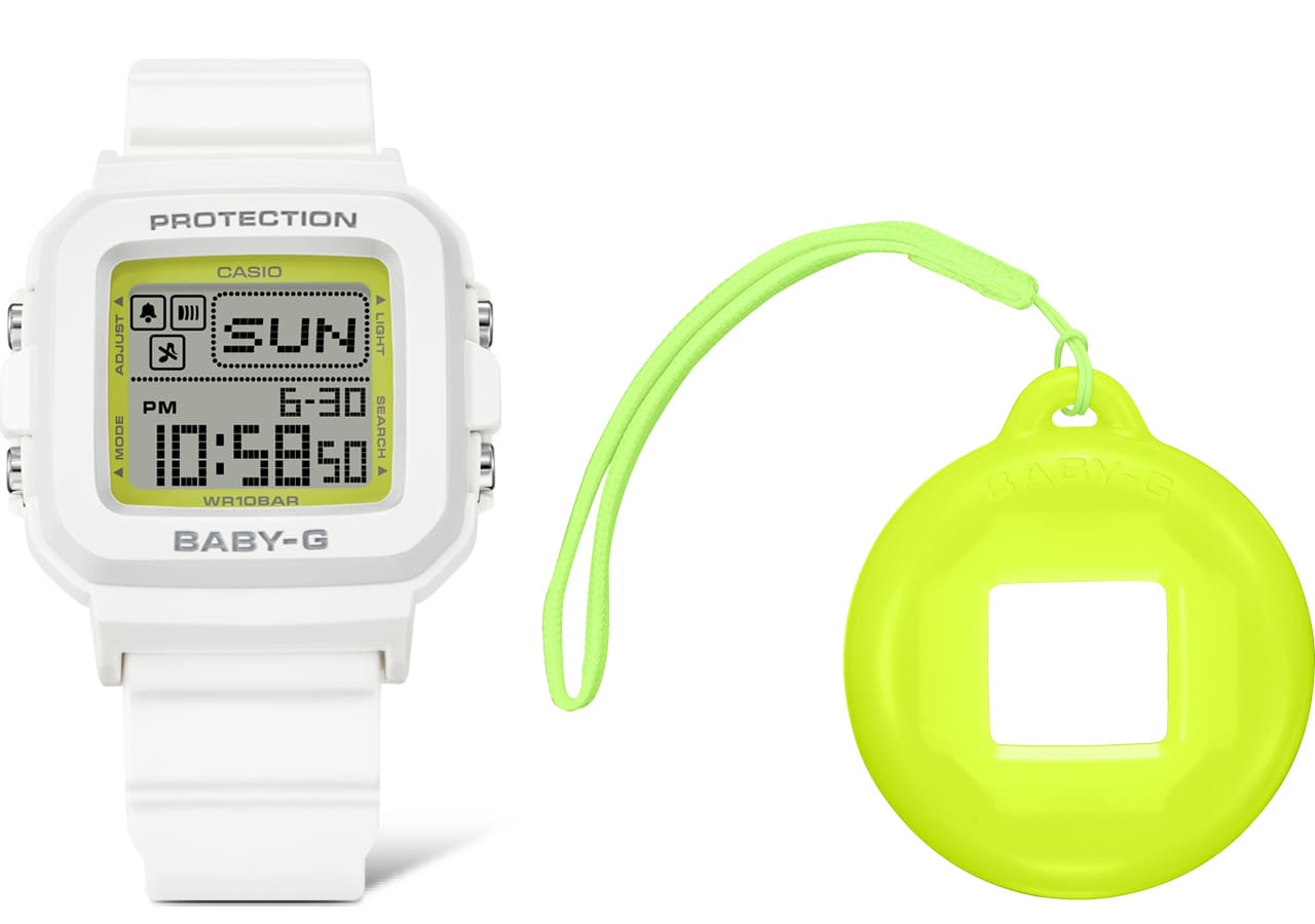 El reloj de pulsera BGD-10K-6 blanco con pantalla digital y la caja redonda amarillo neón intercambiable junto a él.