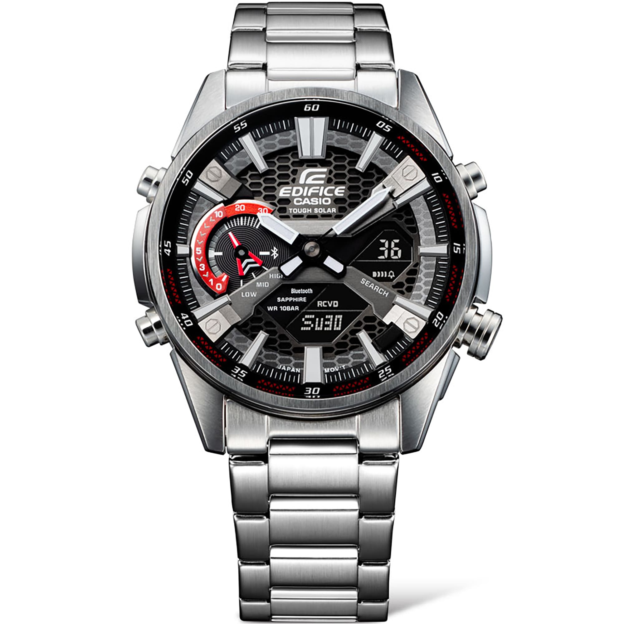 El reloj de pulsera Edifice ECB-S100D-1A en color gris plateado con indicador de hora analógico, detalles en rojo e indicador digital de fecha y segundos
