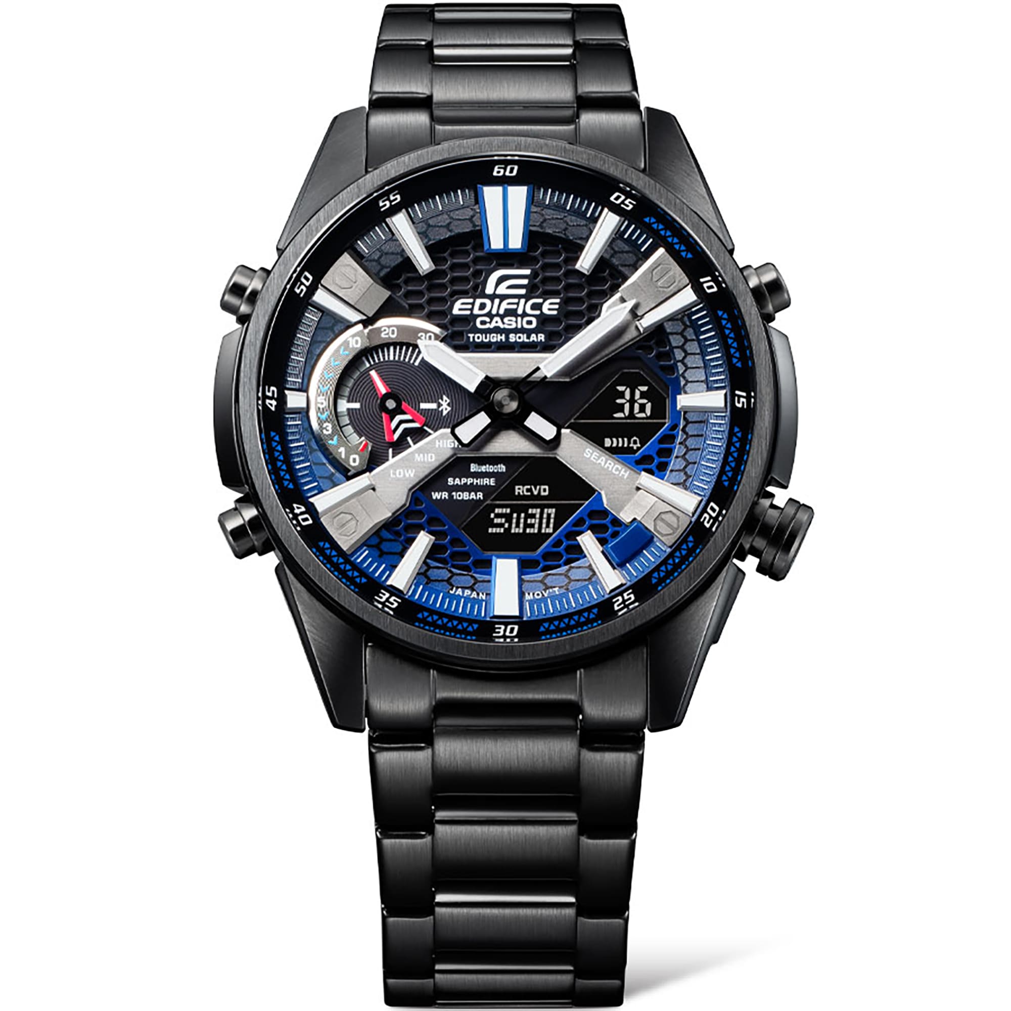 El Edifice ECB-S100DC-2A con correa de eslabones gris oscuro, pantalla azul grisácea y detalles rojos en la esfera analógica.