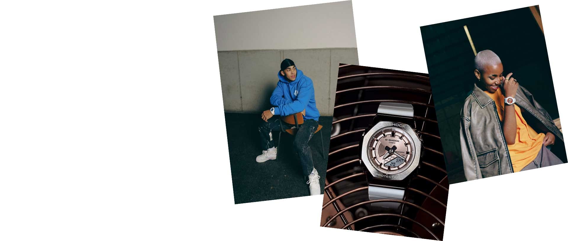 Tres imágenes con fotos de estilo de vida de G-Shock. El teaser enlaza con la página de registro para el boletín de noticias de G-Shock