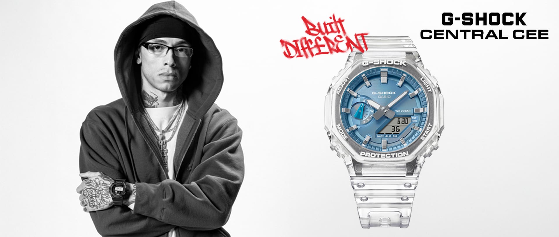 El rapero Central Cee a la izquierda con una sudadera con capucha y un reloj digital G-SHOCK negro en la muñeca, a la derecha el GA-2100BM-7A2 de pulsera transparente con pantalla analógica azul claro