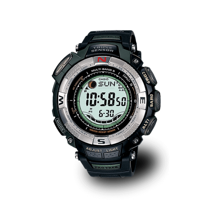 El reloj de pulsera ProTrek de 2008 «PRW-1500» en plata y negro con pantalla digital redonda y brújula en la caja.