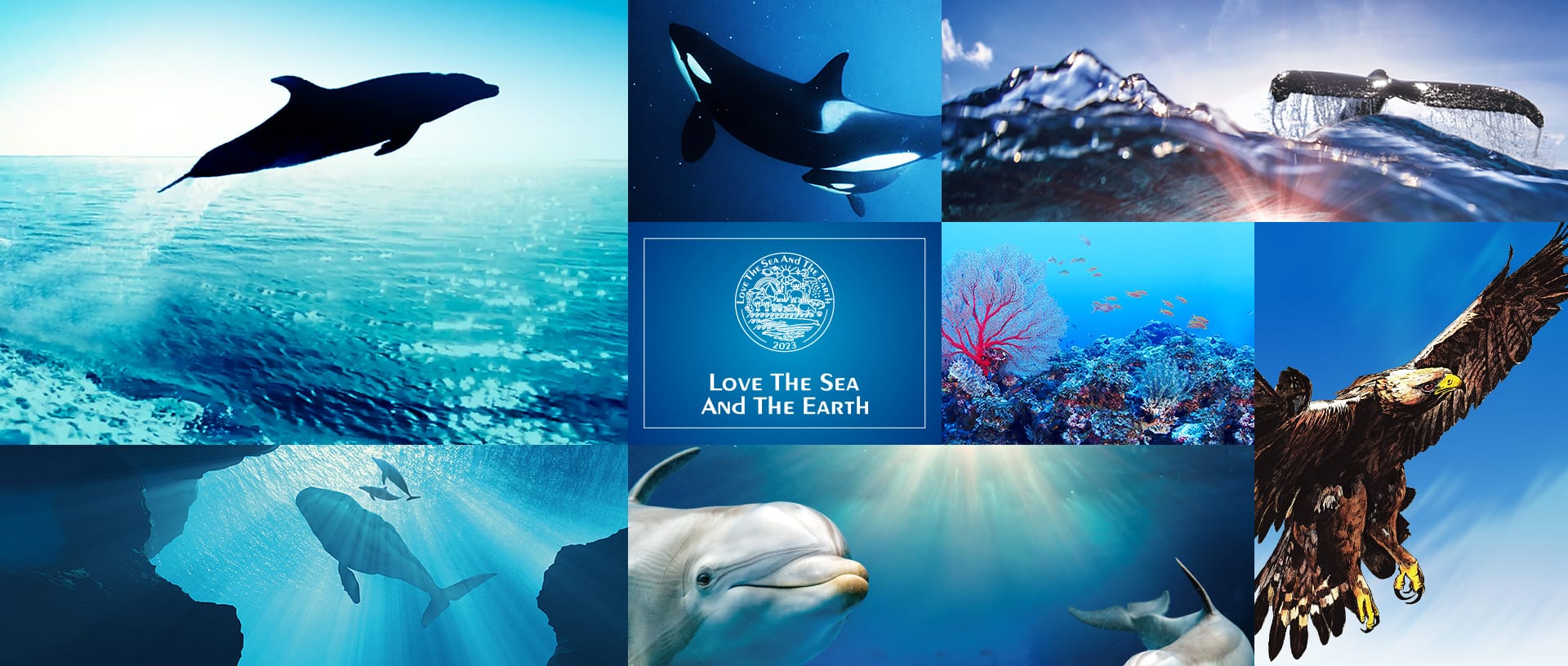 Muchos elementos de la naturaleza uno al lado del otro, con el logotipo "Love the Sea and the Earth" en el centro