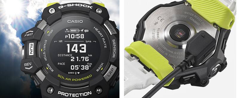 A la izquierda se ve la esfera de un robusto reloj G-SHOCK bajo la luz del sol. A la derecha se muestra el reloj por detrás con el cable USB conectado.