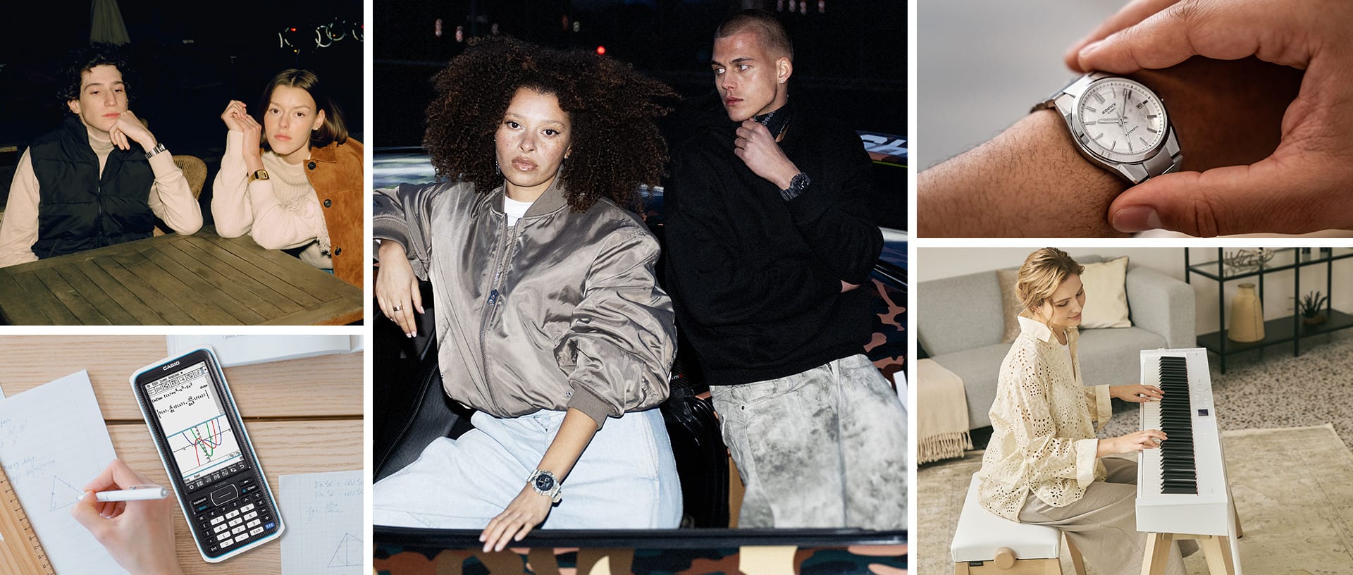 Un collage que muestra las diferentes líneas de productos de CASIO: dos personas llevan relojes G-SHOCK y CASIO, una mujer toca el piano Privia y otra persona utiliza la calculadora gráfica.