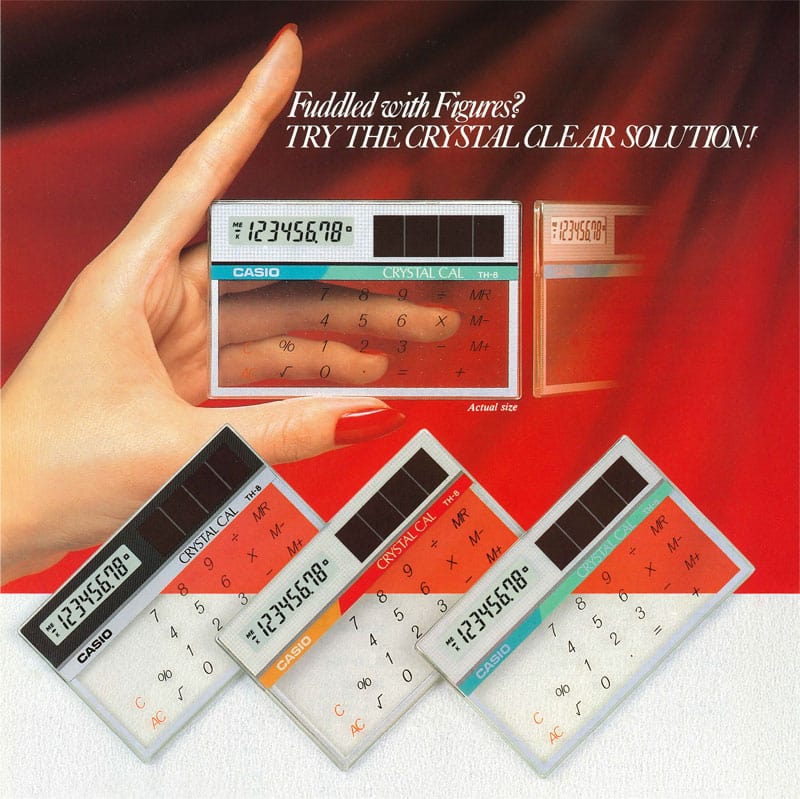 The SL-800 pocket calculator with a transparent base and a small solar cell next to the display.