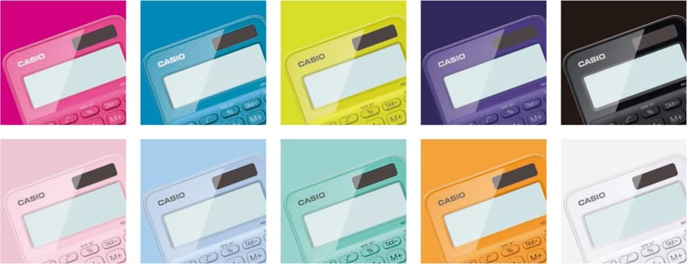 Collage of different colourful calculators from CASIO