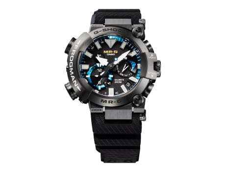 The G-Shock MRG-BF10001R watch with asymmetrically positioned analogue display, black resin strap and blue details on the dial