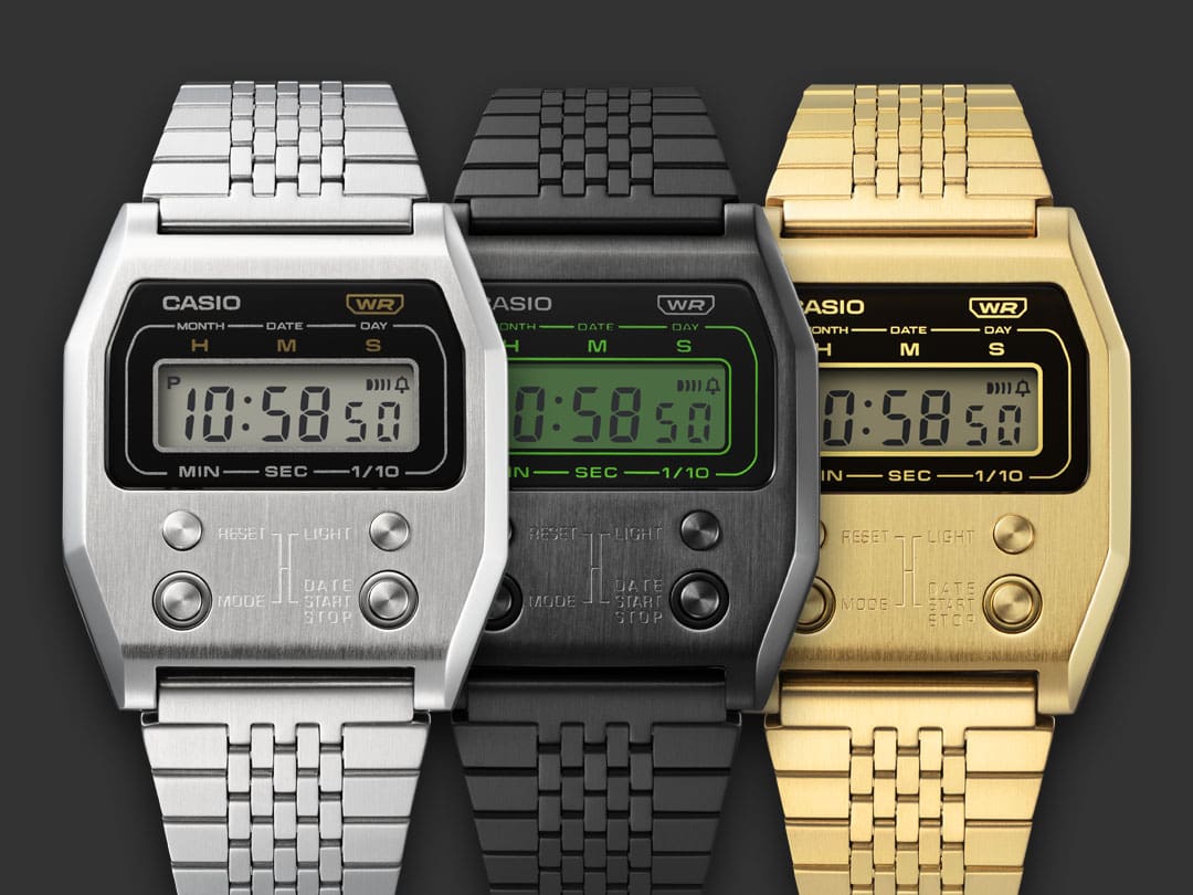 Image of the A1100D-1, A1100B-1 and A1100G-5 wristwatches from Casio with a small digital display and four buttons for setting the time on the front in silver-grey, dark grey and gold.