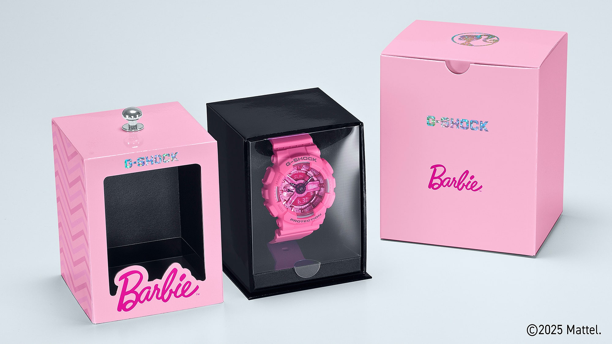 The three boxes of the Barbie™ G-Shock GMA-S110BE packaging: outer packaging, inner jewelry packaging and inner packaging