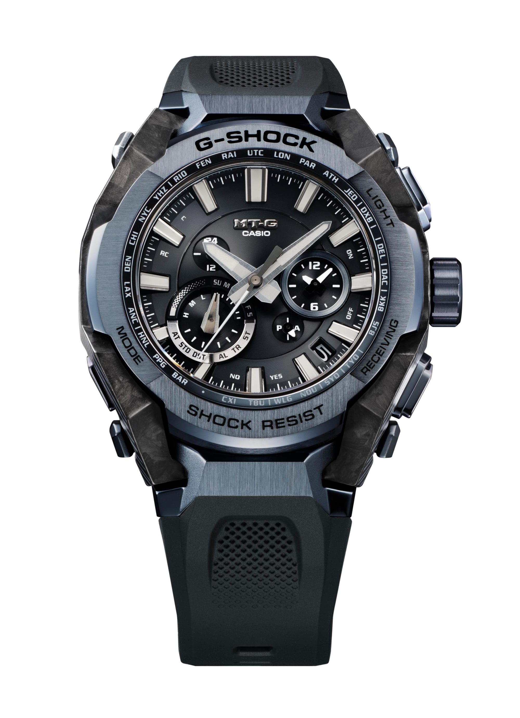 The black MTG-B4000B-1A2 with blue dial from the front.