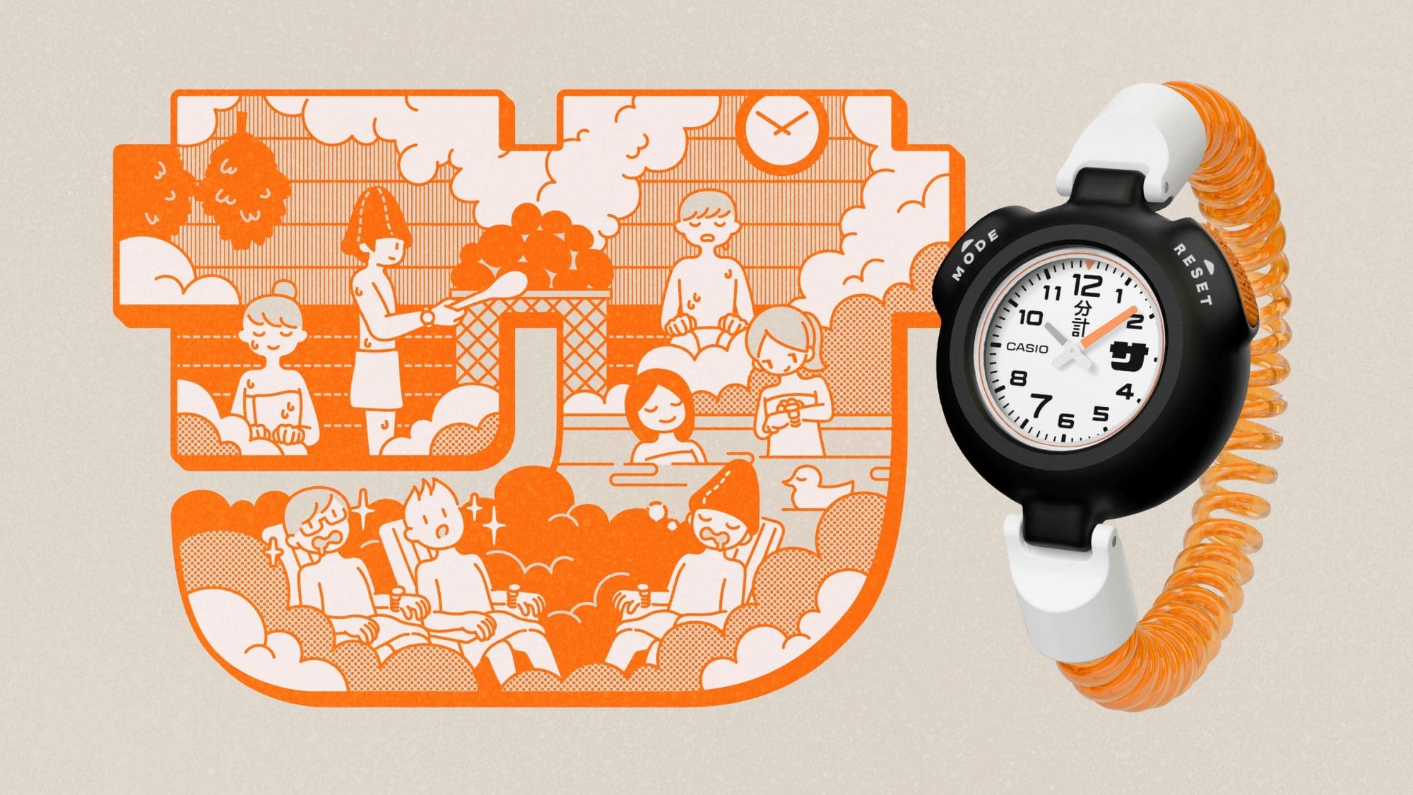 Comic illustration of people in a sauna next to Casio’s award-winning Sauna Watch. The image links to the US theme page.