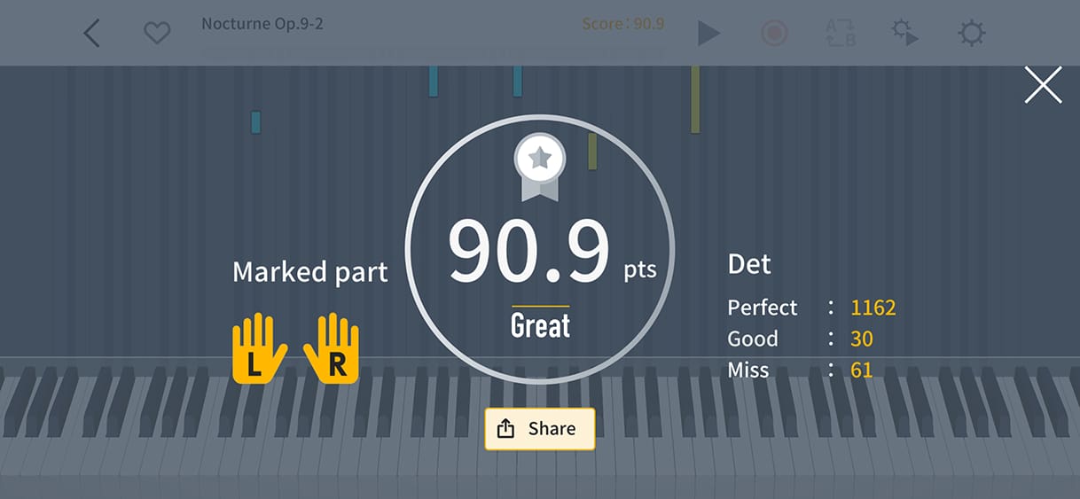 90.9 points of progress in the centre of the screen. The progress can be shared with the share button below the score.