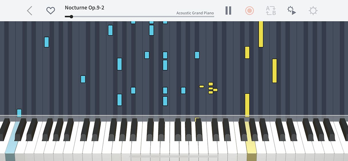 The piano roll shows in colour in real time which note needs to be played next.