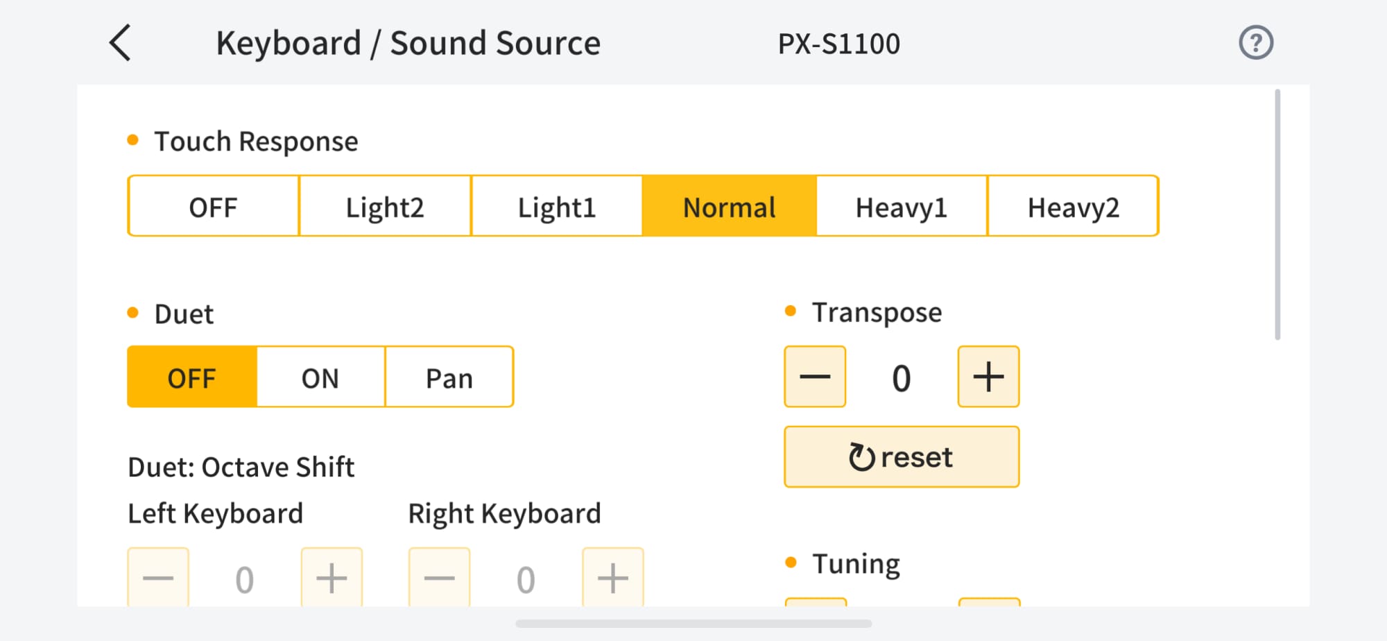The settings of the PX-S1100 with regard to dynamics, tempo or duet function.