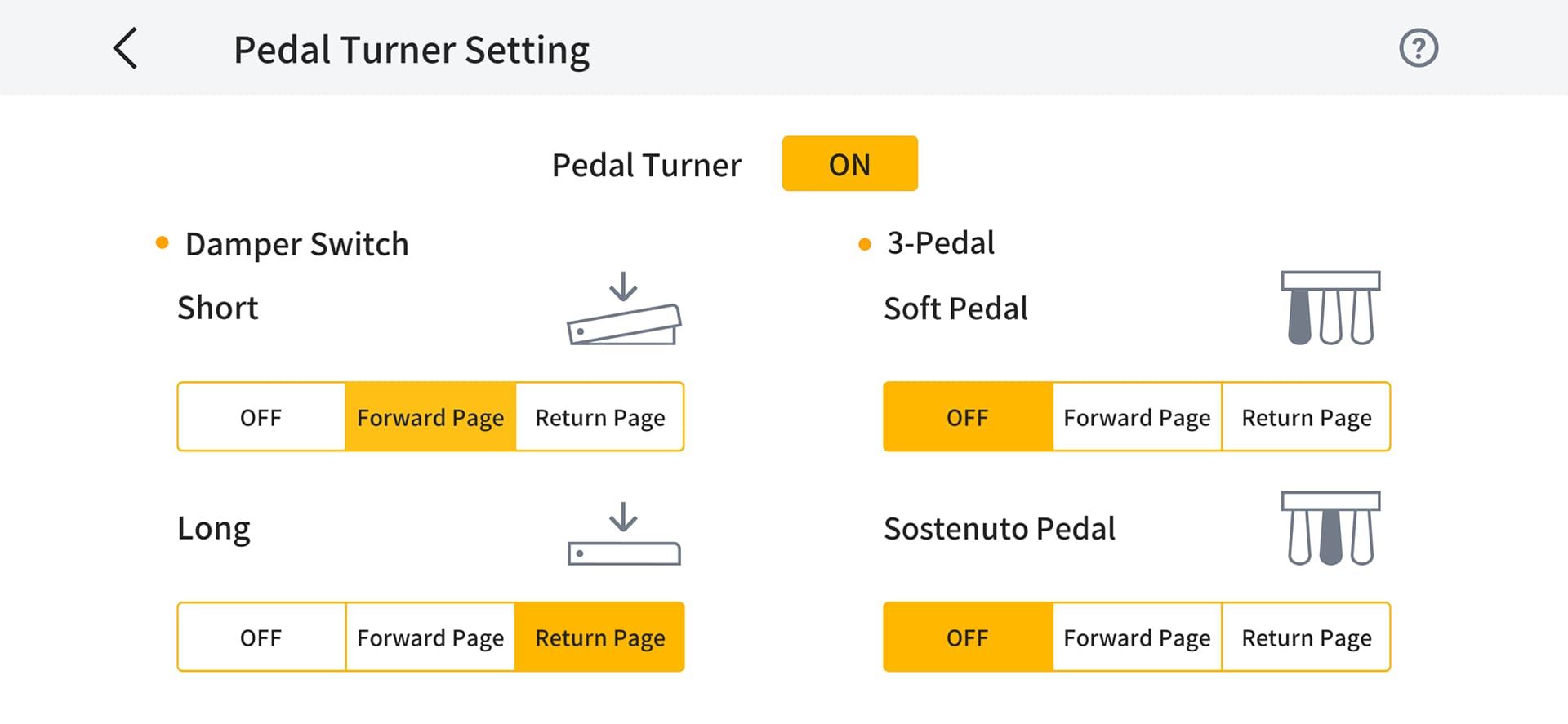 The settings for using a foot pedal to scroll through the pages.