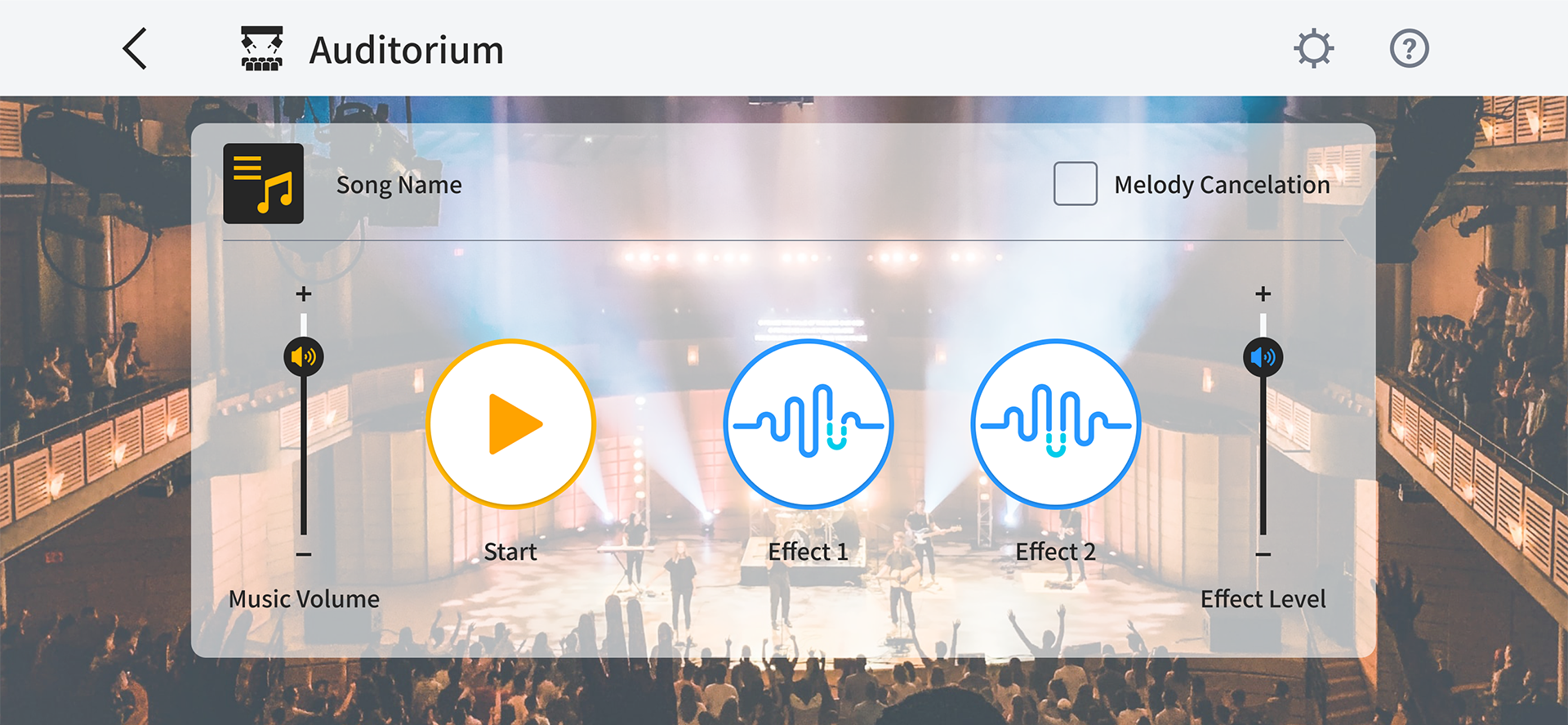 The auditorium is selected as the music venue in the app.