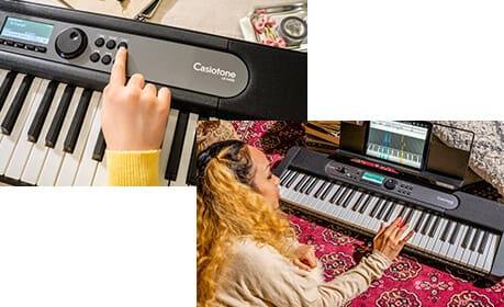 Top: a child's hand pressing a key on the LK-S450's control panel. Below: a young woman is lying on a carpet playing the LK-S450 digital piano, with a tablet on the music stand