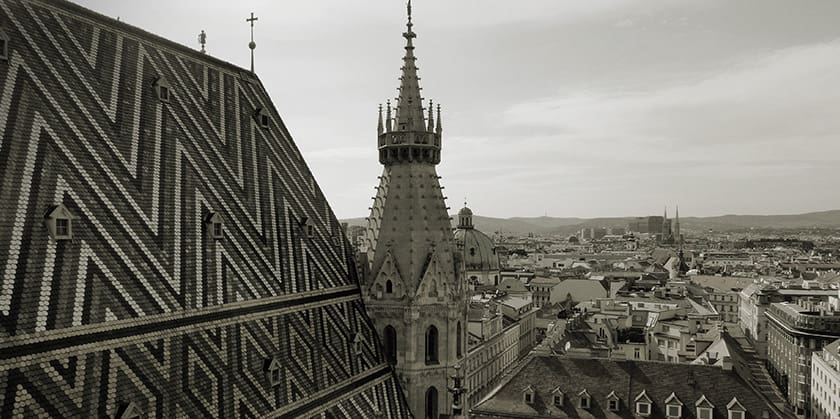 Black and white photo over the rooftops of Vienna
