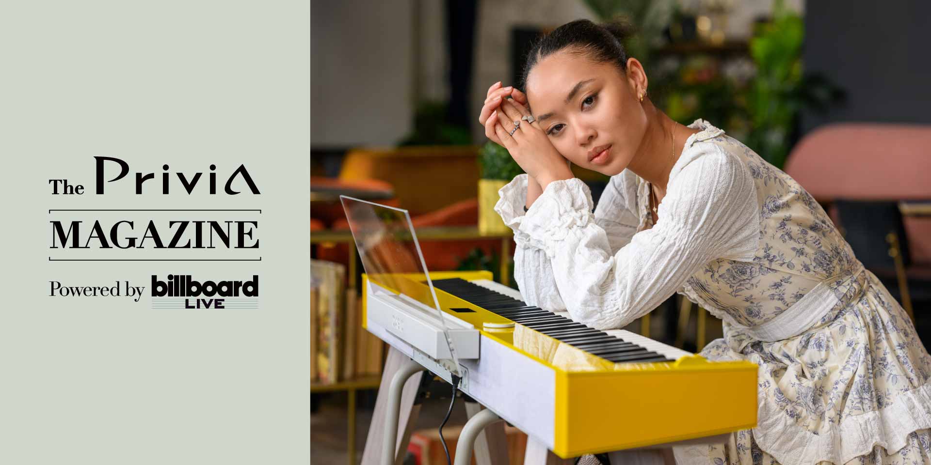To the interview with singer Griff Singer Griff with her mustard yellow Privia PX-S7000. Text complements the picture: ‘The Privia Magazine powered by billboard live’. The picture links to the interview with Griff.