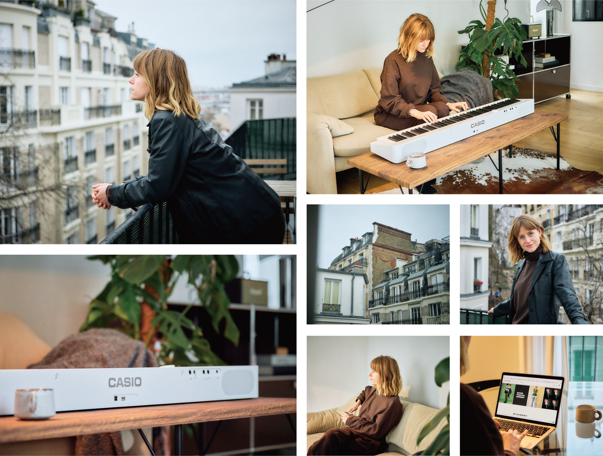 Image gallery with lifestyle images from the life of model Camille Châtelet with her Priva digital piano