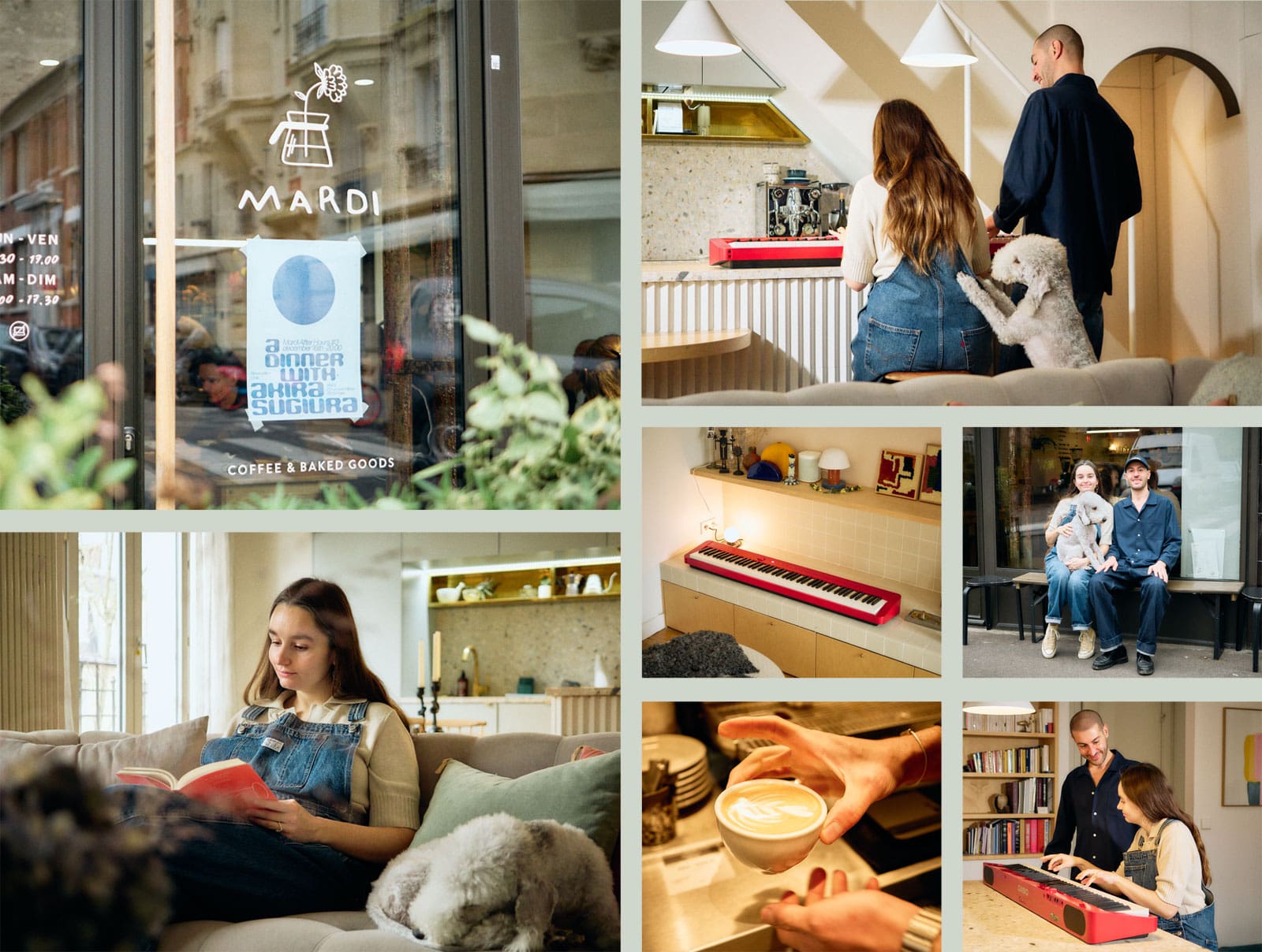 Picture gallery with lifestyle photos of Margaux Salgado and her husband Adi Salet, their Café Mardi and their life with the red Privia digital piano in the Buttes-Chaumont district of Paris.