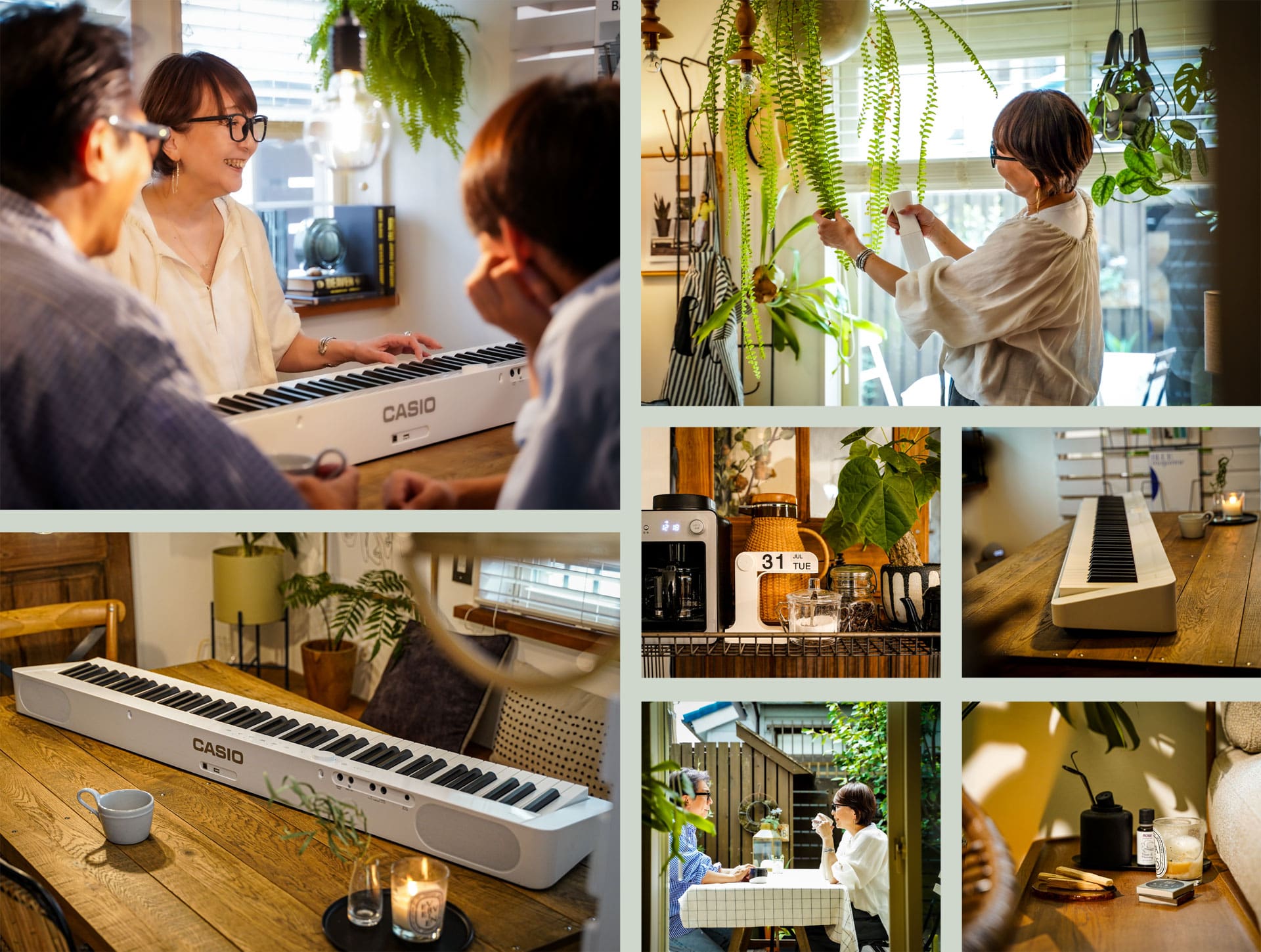 Collage of various live-style images, with impressions of Naoko Murakami's life with her red Privia digital piano