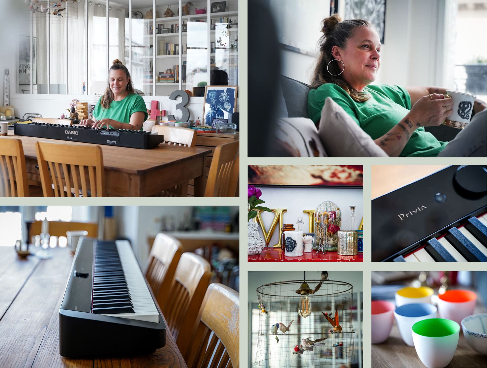 Collage of various live-style images with impressions from the life of Irène Cohen with her black Privia digital piano
