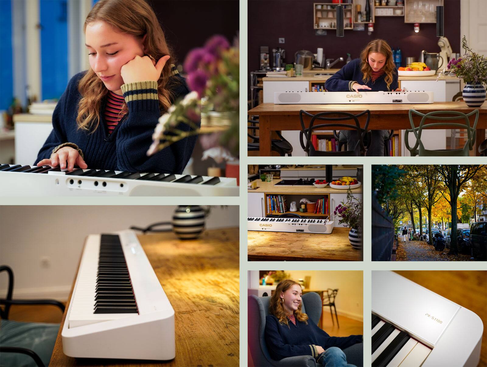 Collage of various live-style images with impressions from the life of Antonie Weber with her white Privia digital piano