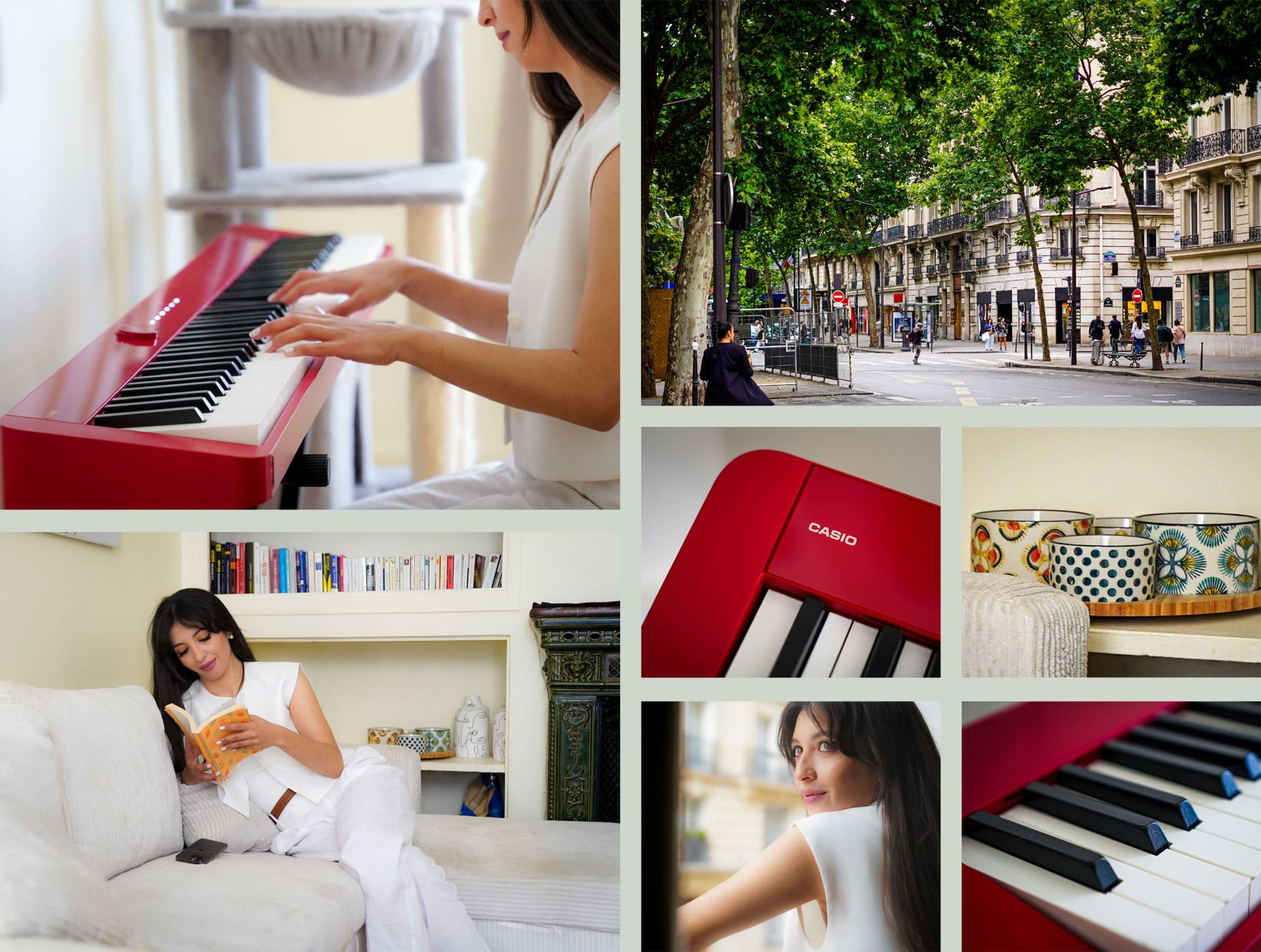 Picture gallery with lifestyle images of entrepreneur Adra Bennouna and her life in Paris with the red Privia digital piano.