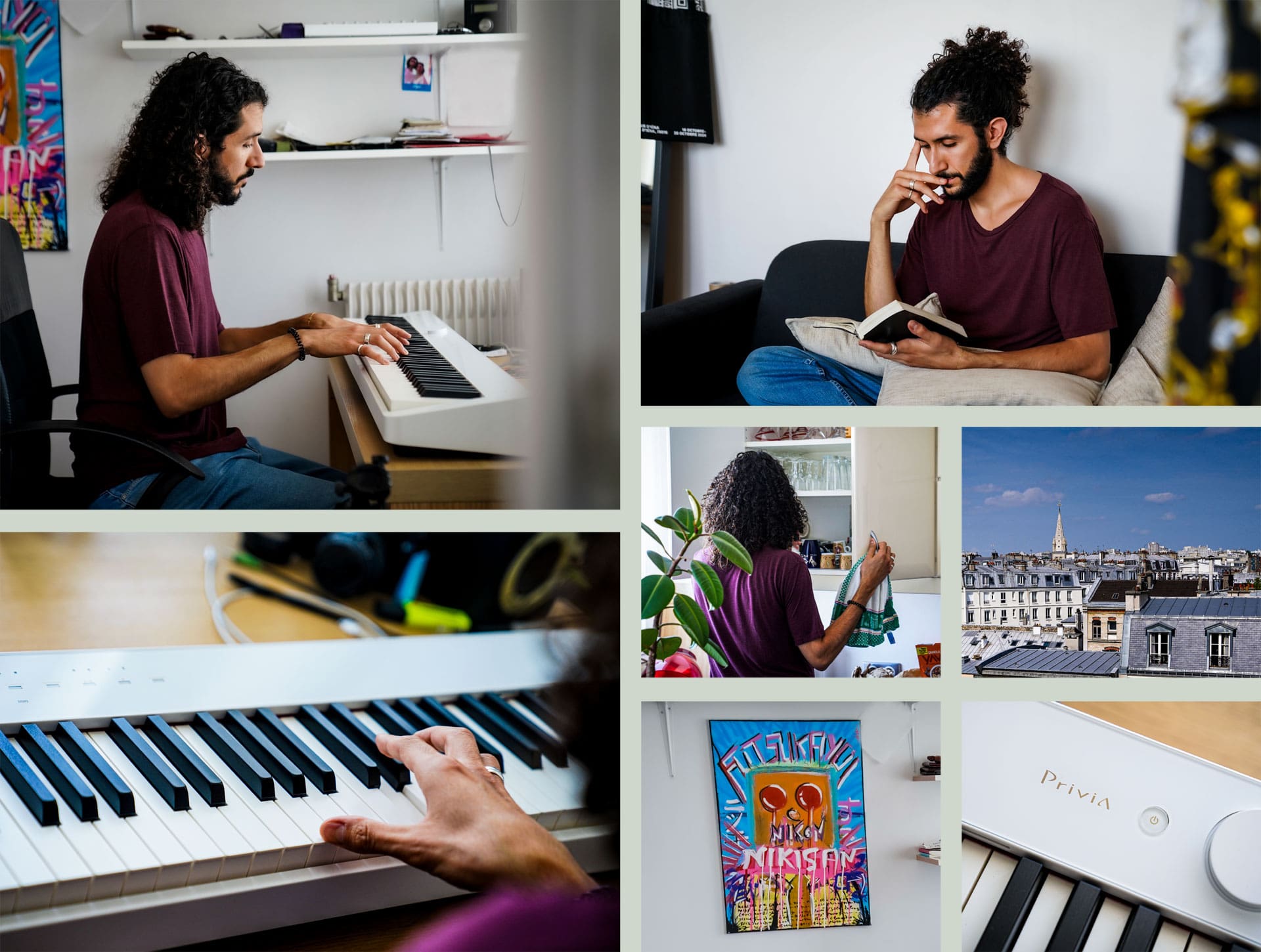 Picture gallery with lifestyle photos of actor Gabriel Kei and his life in Paris with his white Privia digital piano.