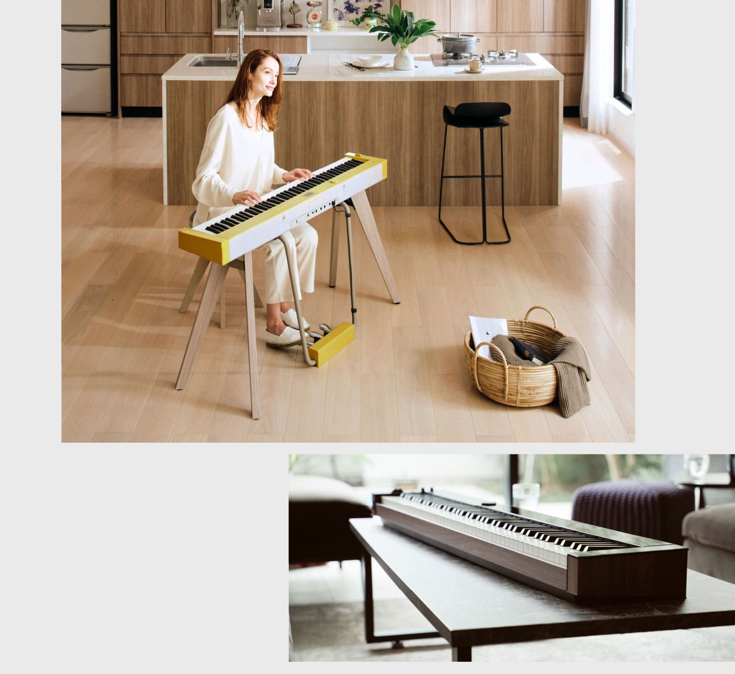 Two images. Image above: A woman sits at the PX-S7000HM digital piano and plays. Bottom image: The PX-S6000 digital piano rests on a living room table.