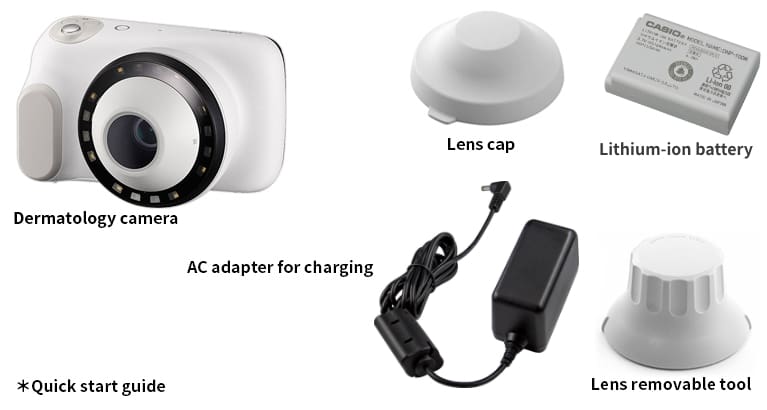 Collage of the scope of delivery of the dermatological camera: The white dermatological camera, next to the white lens cap, a black charging cable, a lithium-ion battery, a white lens replacement tool.