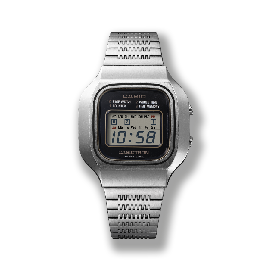 The CASIOtron X-1 wristwatch with a small rectangular digital display and mesh-style metal strap.