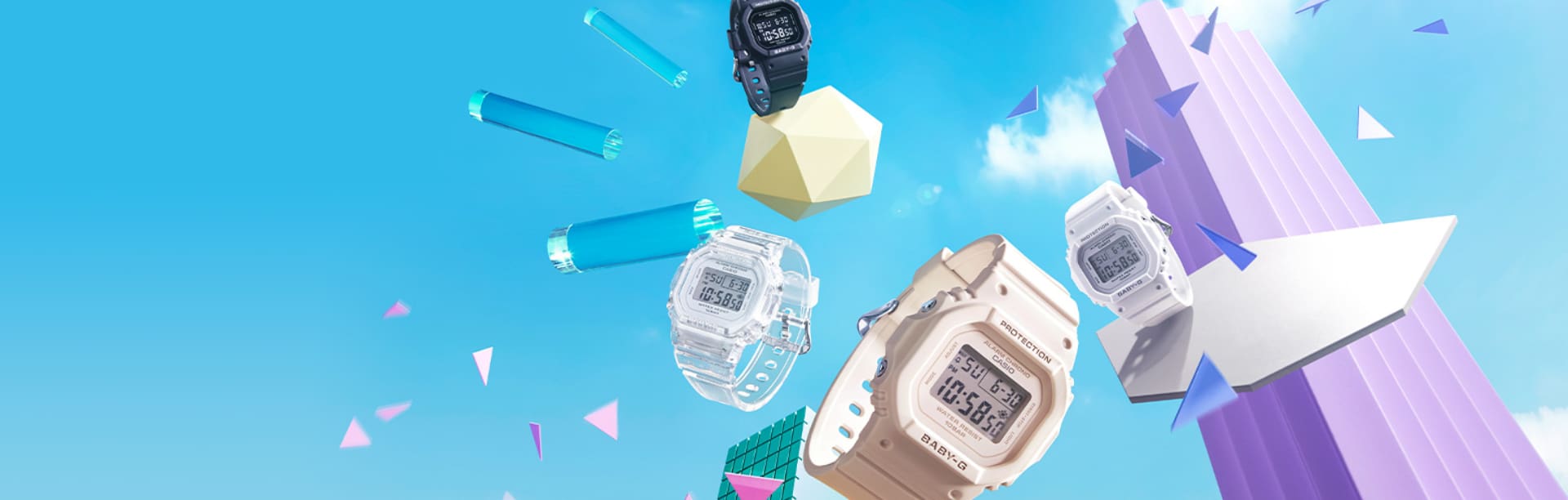 Four different coloured digital Baby-G wristwatches fly through the air, with different geometric figures to the left and right.