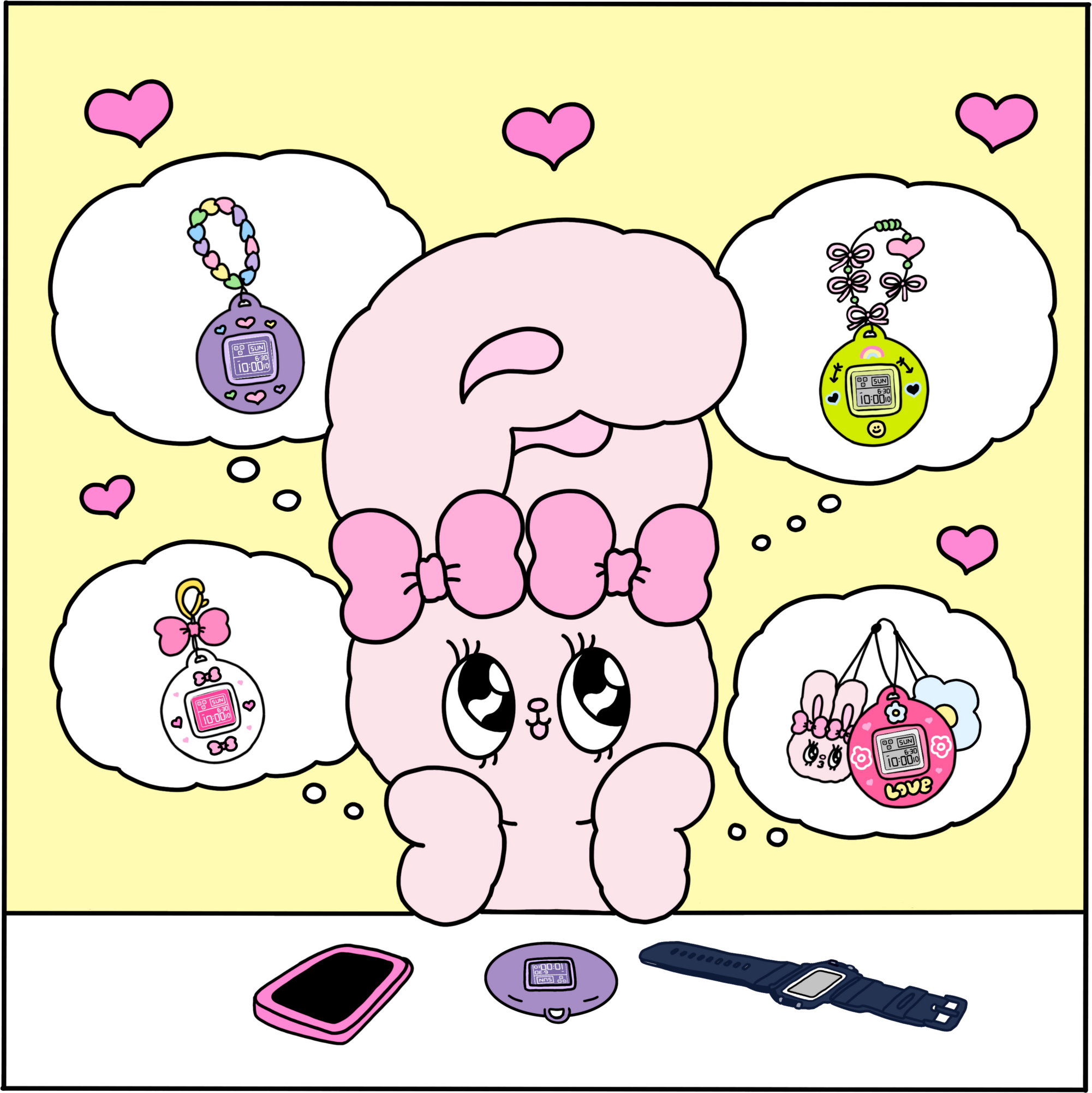 A bunny with bows around its ears dreams of BABY-G watches in round, colourful cases; in front of the bunny, a mobile phone, a BABY-G watch and a purple case lie on a table
