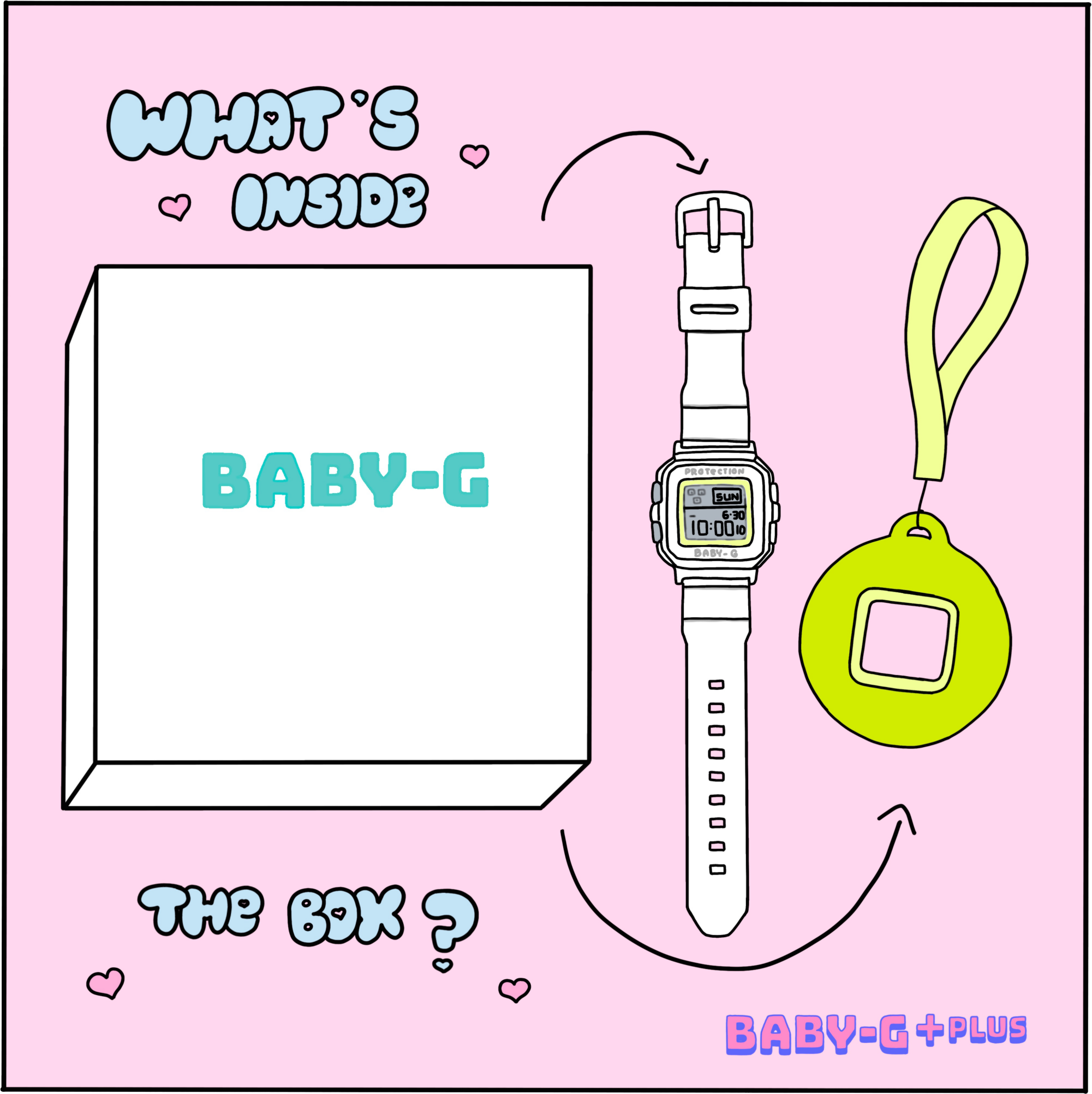 An illustration of the BABY-G BGD-10K in white with a yellow replacement case next to the white packaging