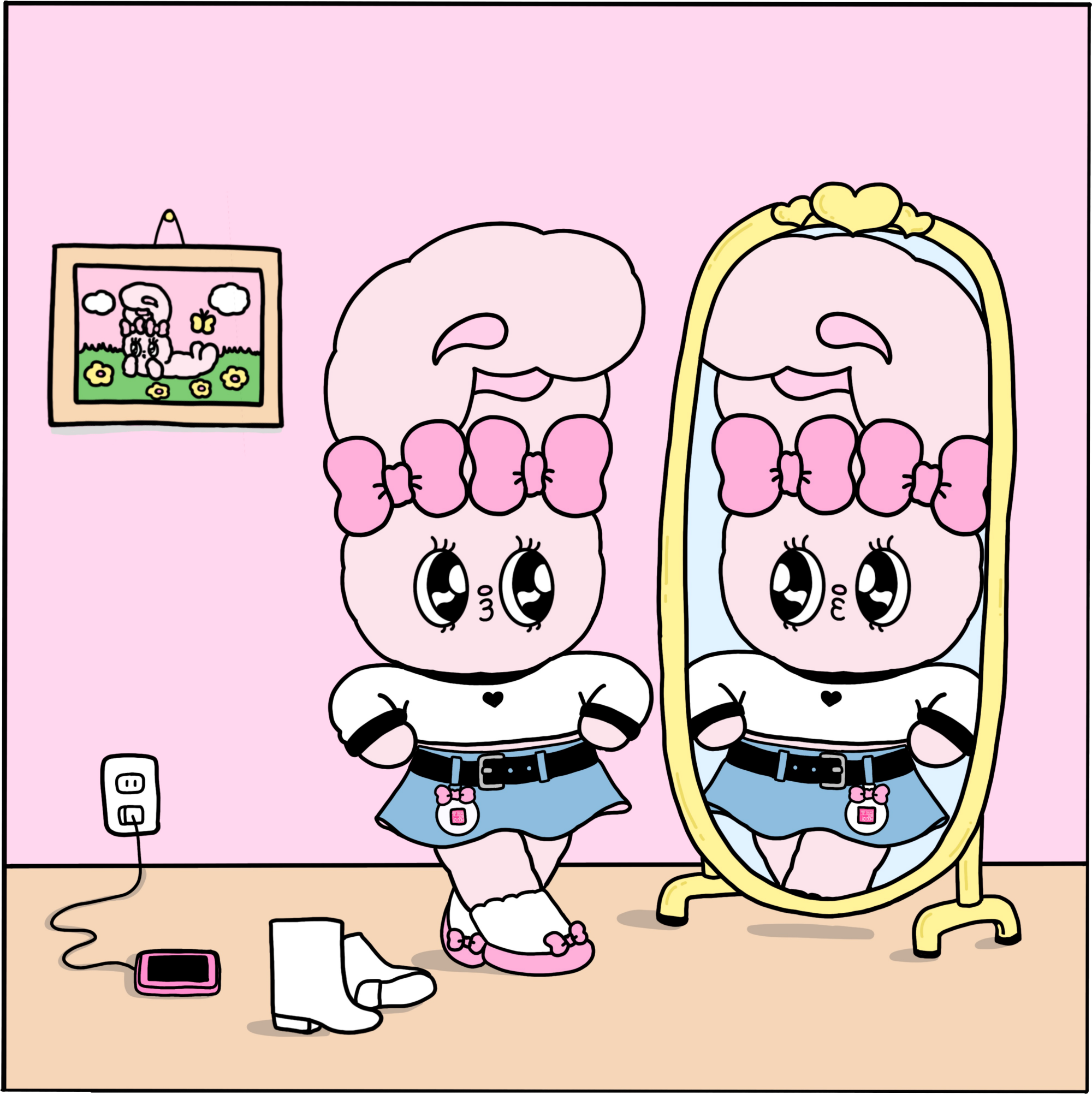 One cartoon bunny poses in front of the mirror with the BGD-10K in the case on its belt 