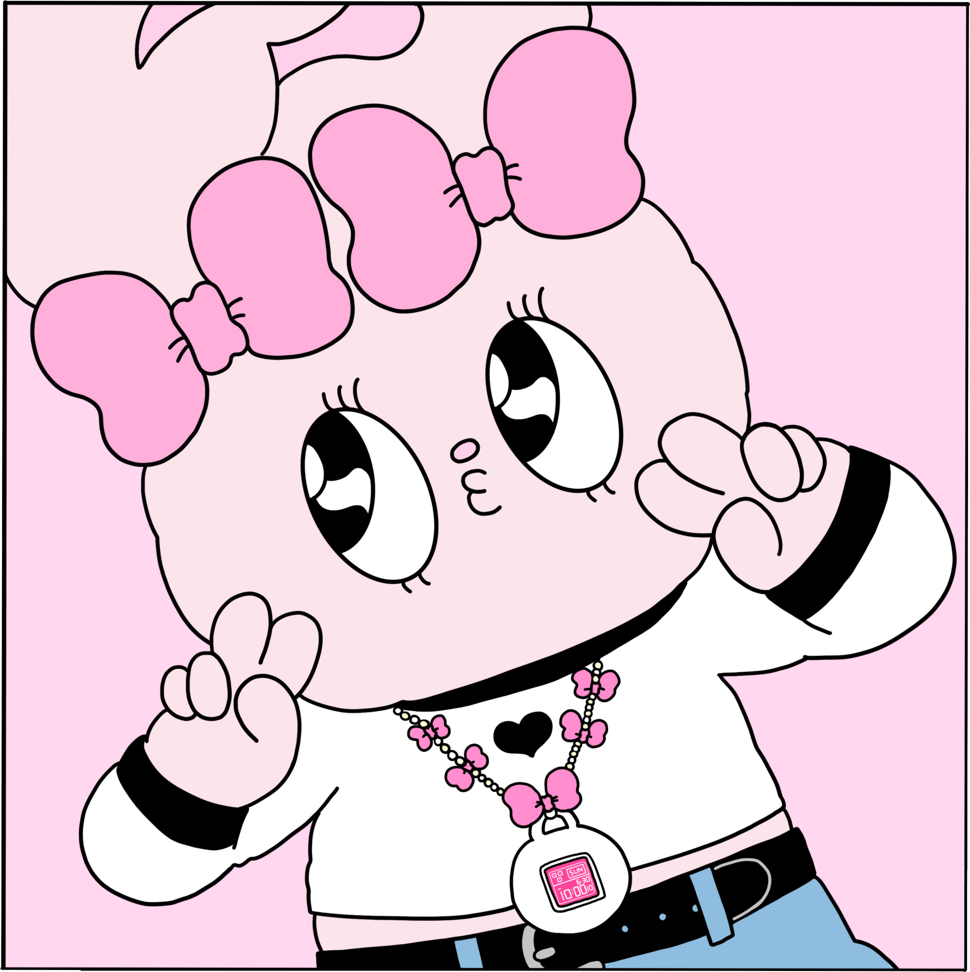 A cartoon rabbit shows peace to the viewer