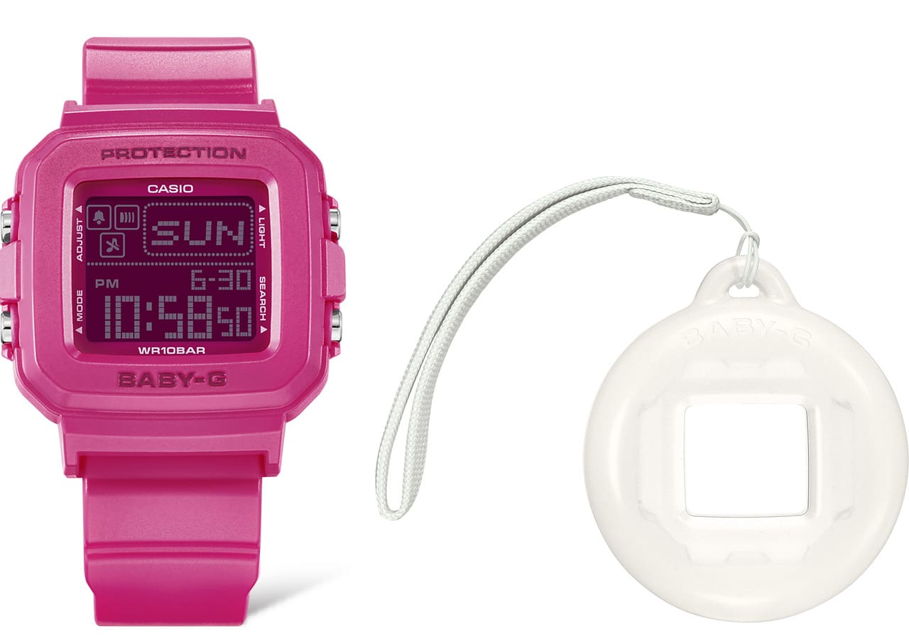 The pink BGD-10K-6 wristwatch with digital display and the white, round replacement case next to it