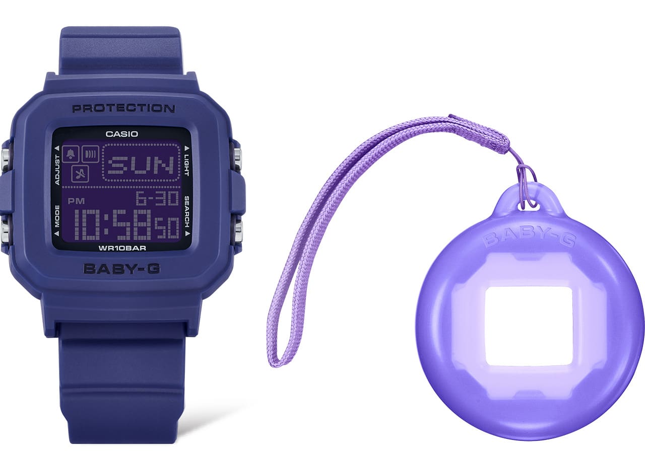 The blue-purple BGD-10K-6 wristwatch with digital display and the lilac, round interchangeable case next to it