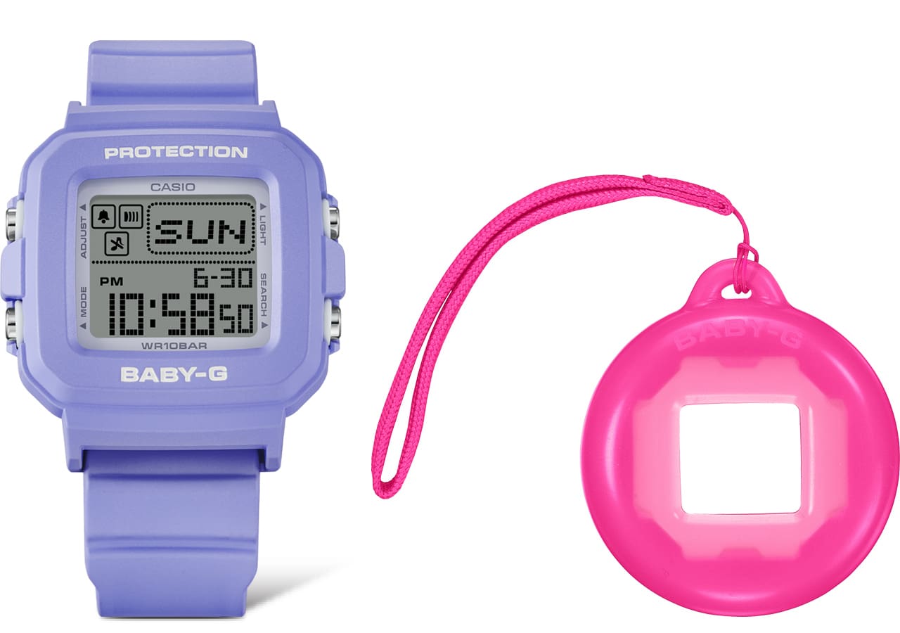 The purple BGD-10K-6 wristwatch with digital display and the pink, round interchangeable case next to it