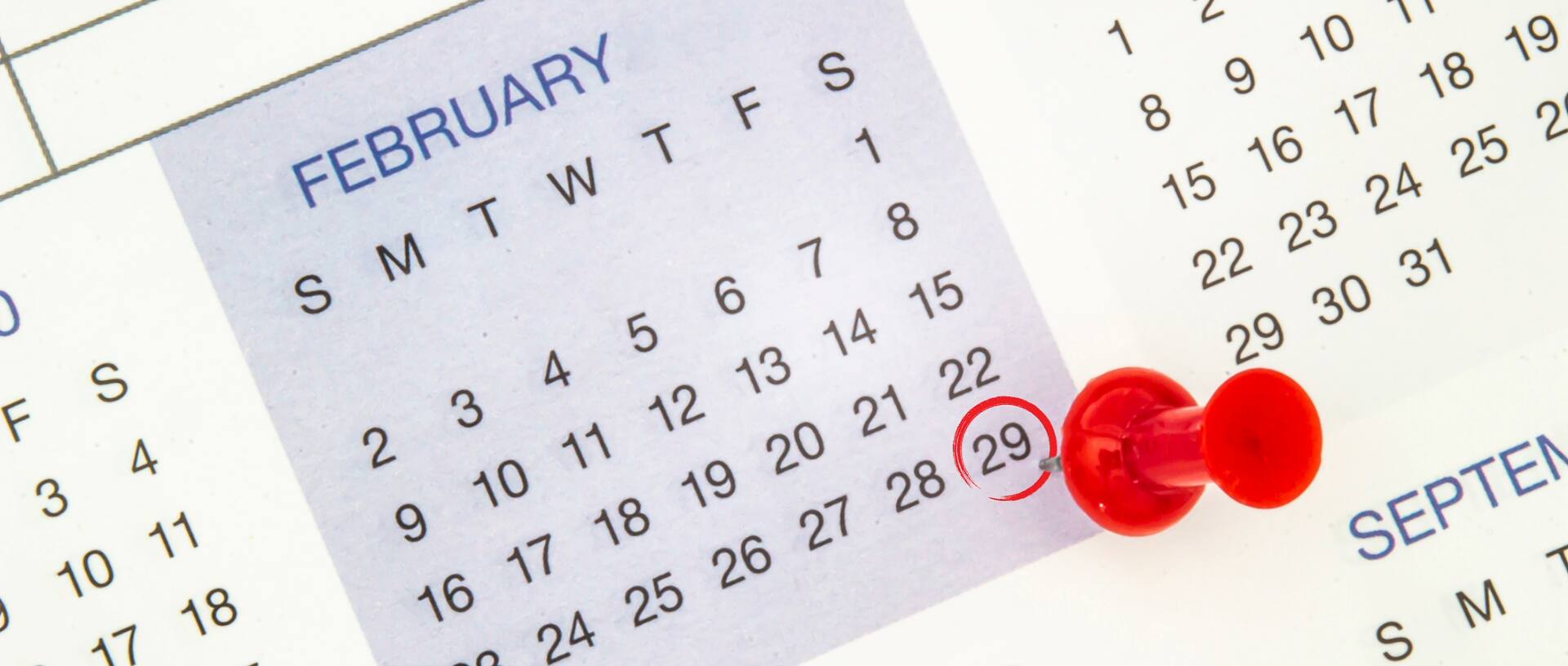 A calendar with a pin pointing to the 29th of February in a leap year