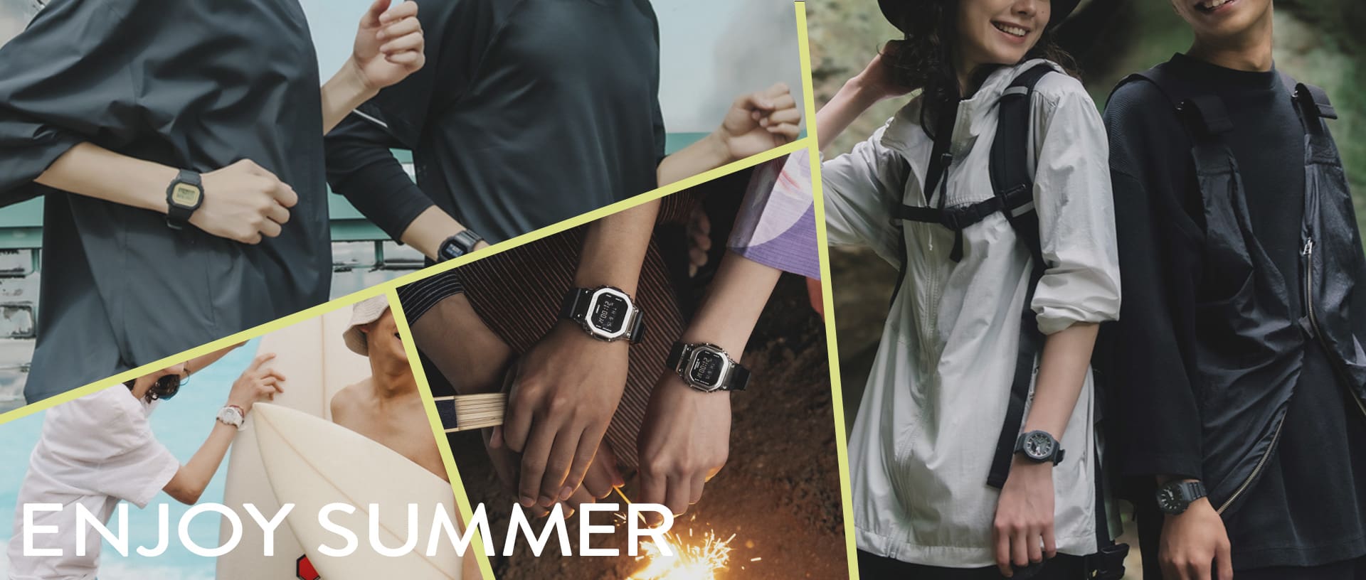 Various Casio watches are located on the wrists of different people. 