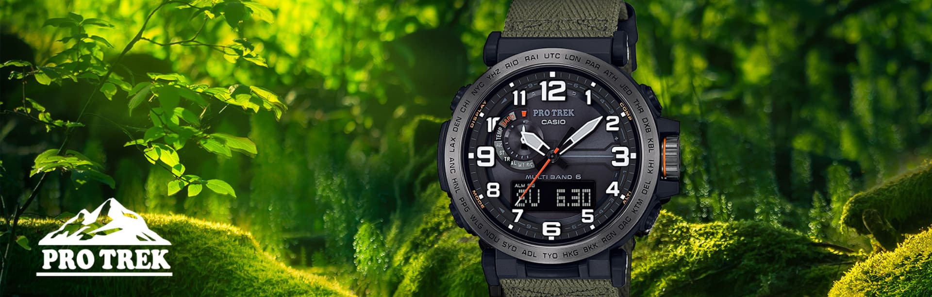 The PRW-6600YB-3 as a centred image with a jungle background. The PROTREK logo can be seen in the bottom left-hand corner.