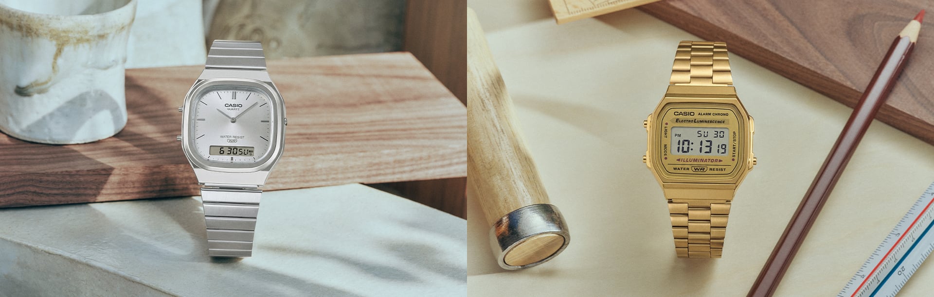 Split image of two CASIO Vintage Collection watches: on the left is the AQ-240 with a silver analogue dial; on the right is the gold A168 digital watch.