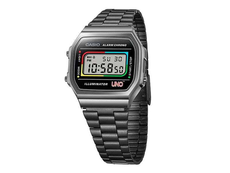 Front view of the CASIO Vintage Collection watch A168WEUC with dark grey link strap and rectangular digital display. The time is outlined in red, blue, yellow and green.