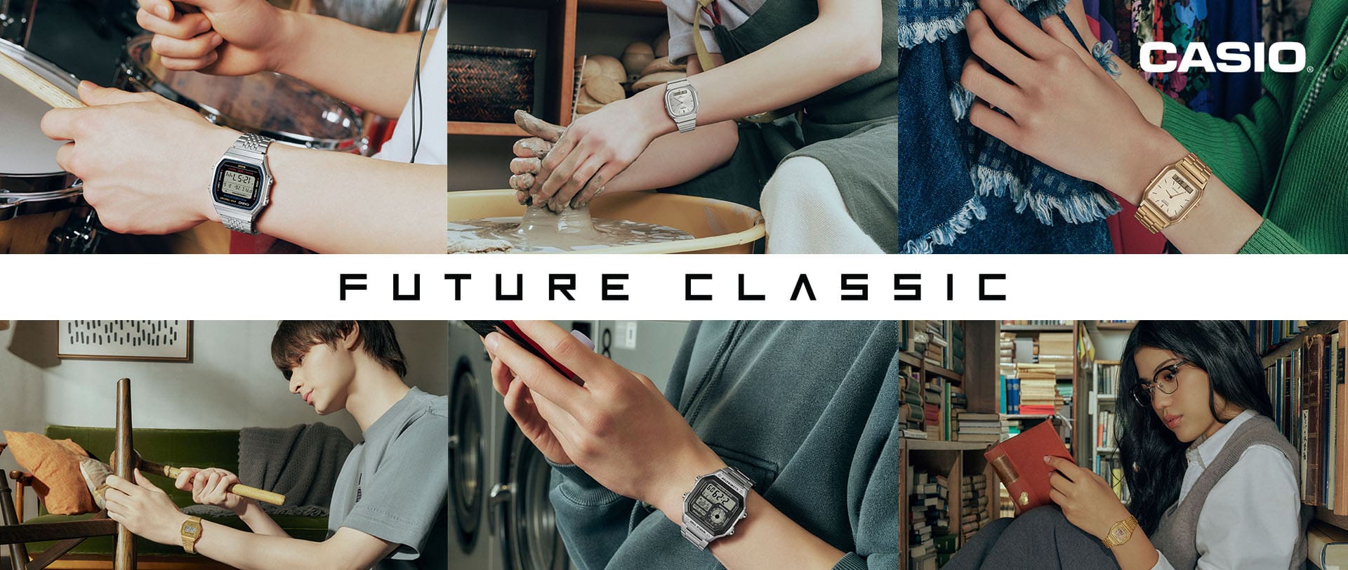 Collage of six images: Different people in everyday situations wearing CASIO watches. The lettering above the image says "Future Classic".